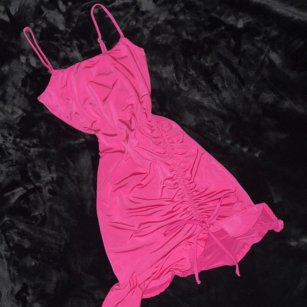 Hot neon Pink Ruched Mini Dress